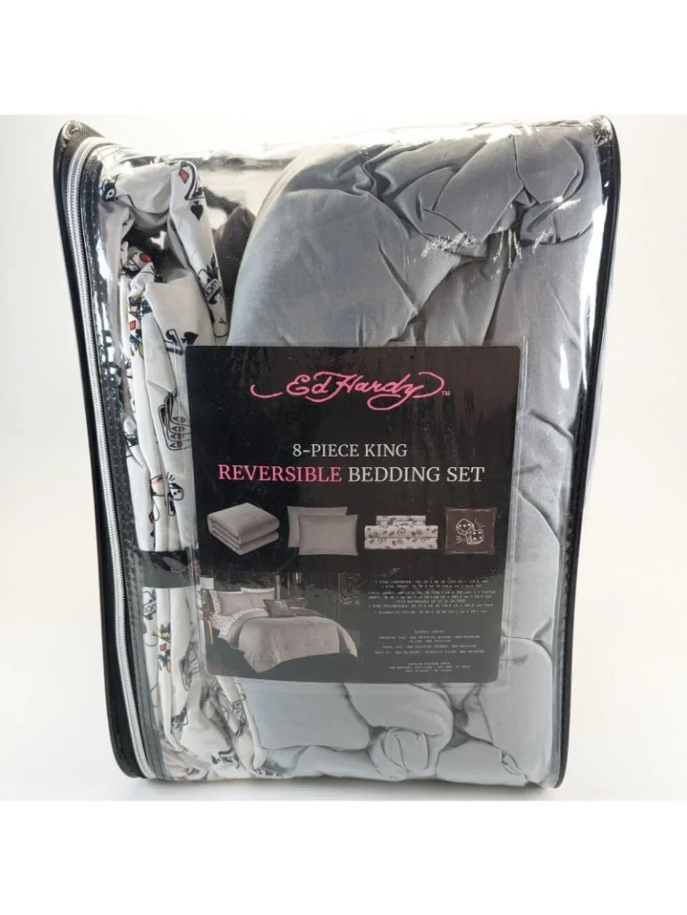Ed Hardy King Comforter Set w Shams Pillow Sheets - Gray White Cards Dice Skull